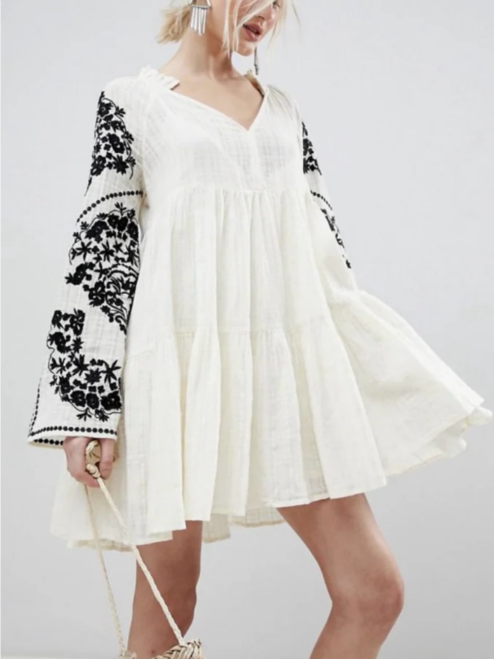 Free People Ivory Mini Dress Black Floral Embroidered Sleeves New Without Tags